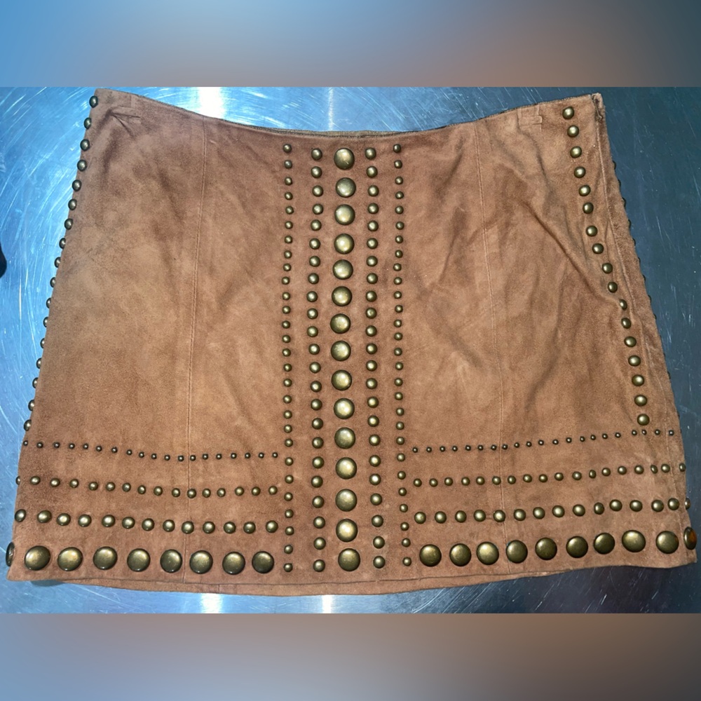 Small Haute Hippie Mini Skirt Goat Leather with Metal Antiqued Gold Accents
